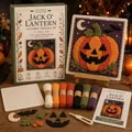 Detailed view of the Halloween no-sew fabric weaving DIY kit components and materials - Pumpkin