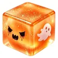 Vista macro del cubo squishy arancione traslucido di Halloween con motivi di fantasmi e volti - Arancione Traslucido