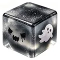 Detailopname van een doorschijnende Halloween squishy kubus met spook en griezelgezicht. - Transparant zwart