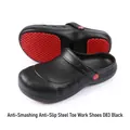 Detailed view of black safety work shoes featuring steel toe and red anti-slip textured sole - 44-45 / Style 083 / Black (Red Bottom)