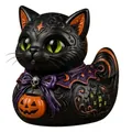 Detailed gothic black cat duck figurine with pumpkin basket and skull bow for Halloween - Cat-Duck Figurine