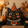 Detailed view of a vintage Halloween wooden black cat tabletop character decoration - Cartoon Black Cat (B)