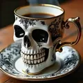 Primer plano detallado de una taza de calavera gótica con patrones florales negros - Estilo A / Juego de Taza y Plato