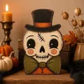 Vintage distressed wooden skeleton figurine with a top hat for rustic Halloween tabletop decor - Cartoon Skeleton (G)