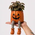 Λεπτομέρεια γλάστρας κολοκύθας Halloween με κρεμαστά πόδια και σκαλιστό πρόσωπο - Κολοκύθα