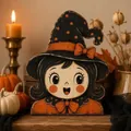 Close-up of a vintage-style wooden witch girl tabletop decoration for Halloween - Cartoon Witch Girl (H)