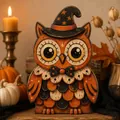 Detailed view of a charming wooden owl figurine with a witch hat for Halloween decor. - Cartoon Owl (I)