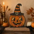 Detail view of a wooden Halloween pumpkin character with a witch hat on a table - Cartoon Wizard Hat Pumpkin Man (J)