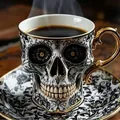 Taza de café gótica con forma de calavera, motivos florales negros y asa dorada - Estilo B / Juego de Taza y Plato