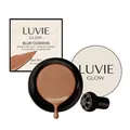 Base de maquillaje cushion iluminadora piel oscura cobertura natural acabado radiante - Pack de 18g con Borla de Champiñón / Piel Profunda