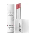 Close-up detail view of Zephoco Rose Pink long-wear satin lip gloss and white packaging - 3.00g / Rose Pink