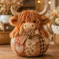 Handmade quilted highland cow plush ornament with patchwork patterns for rustic home decor - Highland Cow (K)