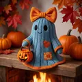 Detailed view of a cute blue knitted patchwork ghost with orange bow and pumpkin basket - Beggar Hat Ghost Style B