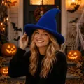 Soft blue knitted wizard hat for Halloween costume cosplay with cozy knit texture - Blue