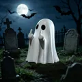 Gros plan détaillé d'une figurine de fantôme d'Halloween dans un cimetière hanté - Fantôme doigt d'honneur