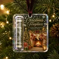Detail view of acrylic Christmas ornament featuring fireplace design and cash holder slot - Fireplace