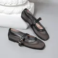 Detailed view of black mesh Mary Jane ballet flats with buckle strap and square toe - 35 / Black