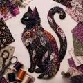 Detail of Halloween patchwork cat DIY kit with floral fabric scraps and pumpkin charm - Halloween Patchwork Cat