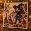 Fertiges Halloween-Perlenkunst-DIY-Set mit Hexe und Besen auf Leinwand - Halloween Perlenkunst Set B
