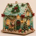 Primo piano di una casa di Natale fai-da-te in vetro marino con renne, perle e luci - Stile Renna (C)