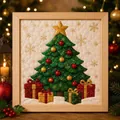 Handmade Christmas fabric art painting with 3D tree and gifts in a wooden frame - Christmas Tree