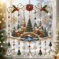 Elegante colgante de ventana con escena de pueblo navideño, cristales y copos de nieve - Casa de Navidad