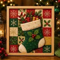Detailed view of handmade Christmas fabric art painting featuring a festive stocking - Christmas Sock