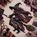 Detailed close-up of a decorative Halloween witch patchwork fabric craft with sewing kit - Halloween Patchwork Witch