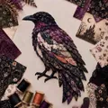 Detailed macro view of a crow made from layered patterned patchwork fabric scraps - Halloween Patchwork Crow