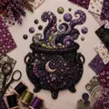 Close-up of Halloween cauldron patchwork kit with fabric scraps and sewing tools - Halloween Patchwork Potion
