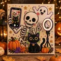 Detailansicht eines DIY-Halloween-Geisterperlen-Kunstsets mit Skelett und schwarzer Katze - Halloween Perlenkunst Set K