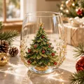 Elegante vaso de cristal navideño con árbol de esmalte 3D y adornos dorados. - Árbol de Navidad