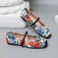 Detailed view of French-style floral Mary Jane ballet flats with soft soles - 35 / Blue