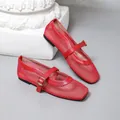 Detail of red hollow mesh Mary Jane flat shoes with elegant buckle strap design - 35 / Red