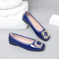Royal blue patent leather ballet flats with a sparkling rhinestone square buckle - Dark Blue