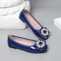 Elegant blue patent leather ballet flats with pearl and rhinestone circle bow detail. - 35 / Dark Blue