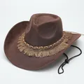 Close-up side view detail of a brown Western cowboy hat with stylish fringe and chain band - M (56-58cm) / Suede Type 1 / Coffee