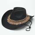 Detail view of black felt cowboy hat with fringe tassels and metallic chain decoration - M (56-58cm) / Suede Type 1 / Black