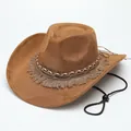 Close-up of a brown Western cowboy hat with a decorative fringe and chain-link band - M (56-58cm) / Suede Type 1 / Brown
