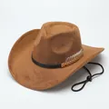 Close-up of brown suede western cowboy hat with golden leaf metal trim and adjustable chin strap. - M (56-58cm) / Suede Type 2 / Brown