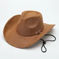 Detailed side view of a brown felt cowboy hat featuring a leather band and metal buckle - M (56-58cm) / Suede Type 3 / Brown