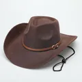 Detailed close-up of a dark brown felt cowboy hat with leather band and chin strap - M (56-58cm) / Suede Type 3 / Coffee