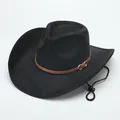 Detail view of black wool felt western cowboy hat with brown leather band and buckle. - M (56-58cm) / Suede Type 3 / Black