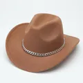 Detailed view of this brown wool felt cowboy hat featuring a stylish silver chain band - M (56-58cm) / Curved Brim Silver Chain / Brown