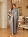 Detailed view of an elegant silver kaftan dress with rhinestone collar and batwing sleeves - Dresses / One Size / Apricot
