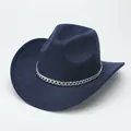 Close-up detail of a navy blue felt cowboy jazz hat with a silver chain decoration. - M (56-58cm) / Curved Brim Silver Chain / Navy Blue