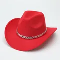 Vibrant red wool felt cowboy hat featuring a sleek silver curb chain accessory. - M (56-58cm) / Curved Brim Silver Chain / Red