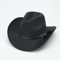 Close-up view of a classic black wool felt Western cowboy hat with leather band - M (56-58cm) / Curved Brim Furry Belt / Black
