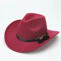 Detailed view of a wine red woolen cowboy hat with a black tassel band and gold buckle - M (56-58cm) / Curved Brim Furry Belt / Burgundy