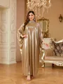 Elegant gold metallic batwing sleeve dress with rhinestone-embellished collar - Dresses / One Size / Gold